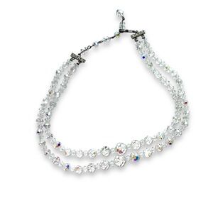 Vtg Graduated Clear AB Double‎ Strand Silver Tone Choker 15" Necklace